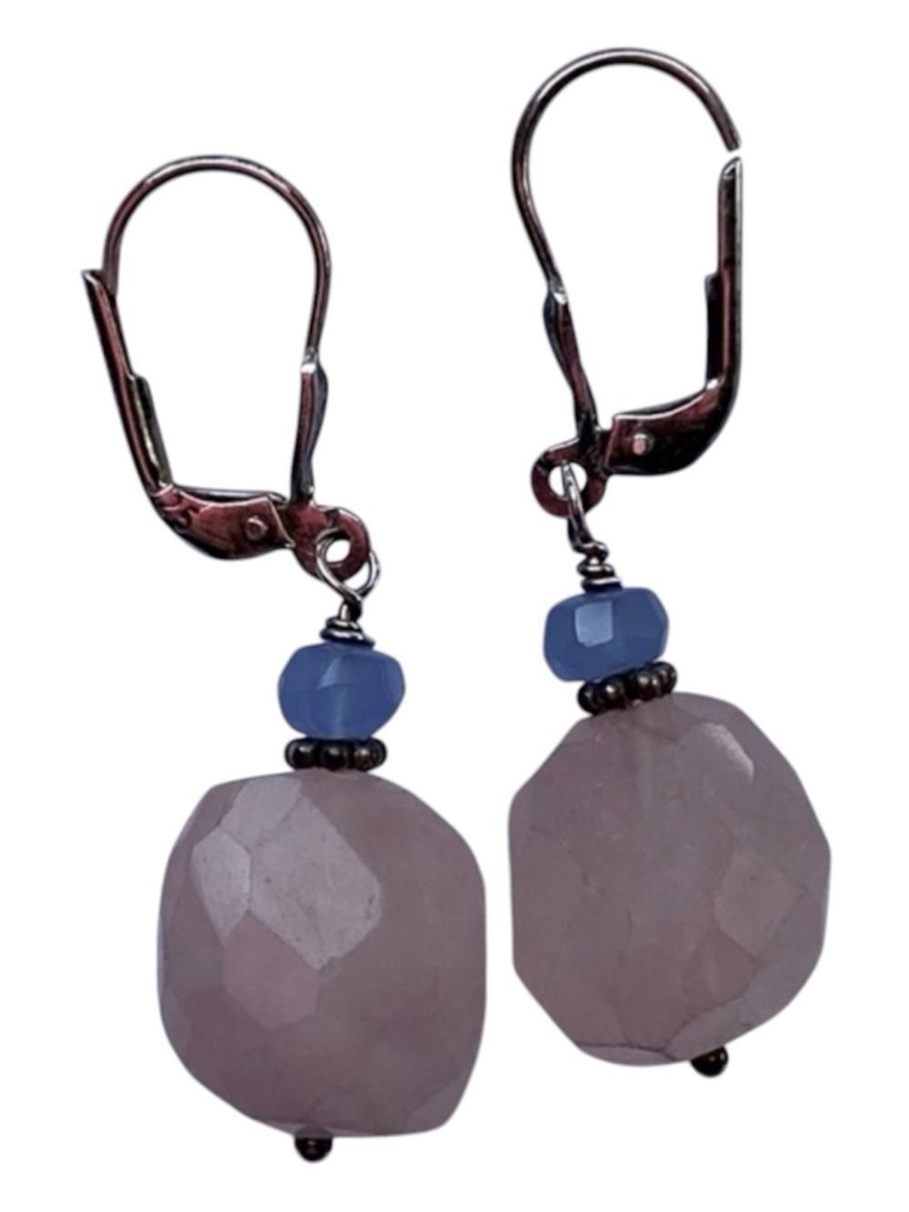 Hand Crafted 925 Sterling Silver Pink Quartz Blue Sapphire Drop earrings NEW